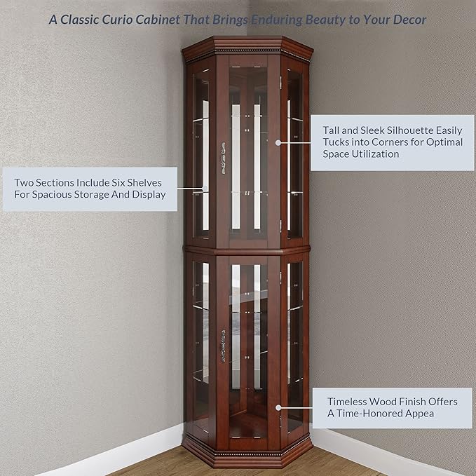 BELLEZE Lighted Wooden Corner Display Curio Cabinet, Two Section Shelving Unit