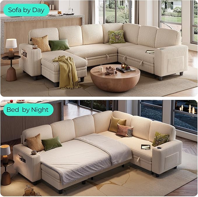 LINSY HOME Sectional Sofa with Pull Out Bed, 6 Seats Corduroy Reversible