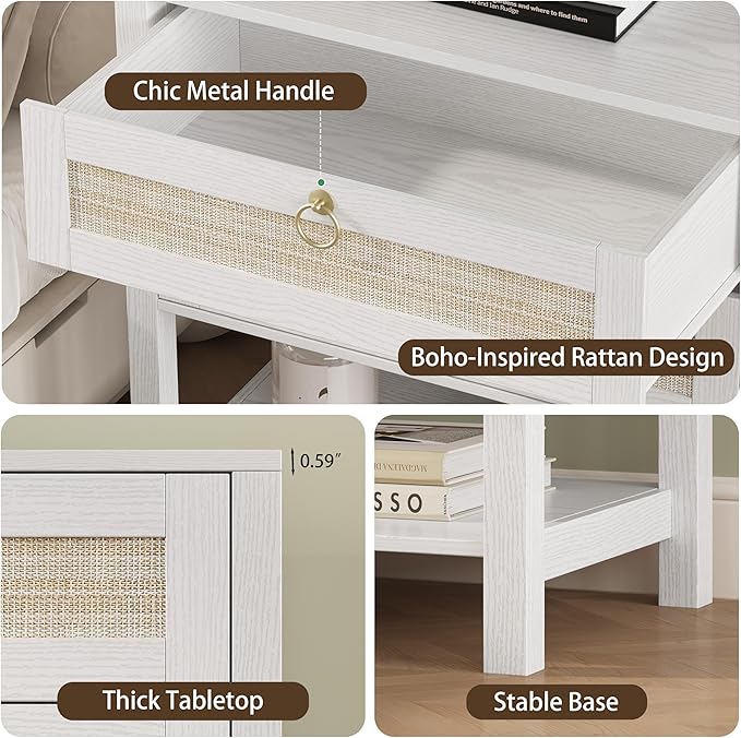 Xixini Nightstand Set of 2, Rattan Boho Bedside Table