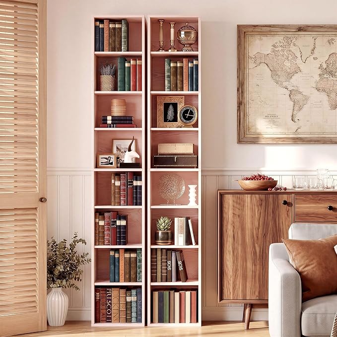 IRONCK Tall Narrow Bookshelf 8 Tiers 71in Set of 2, Compact Corner Bookcase