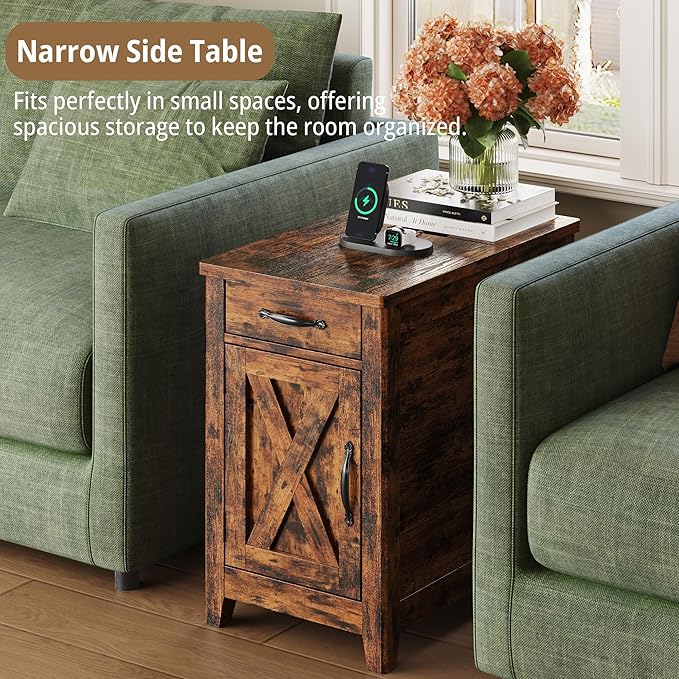 IRONCK End Table with Charging Station, Narrow Side Table