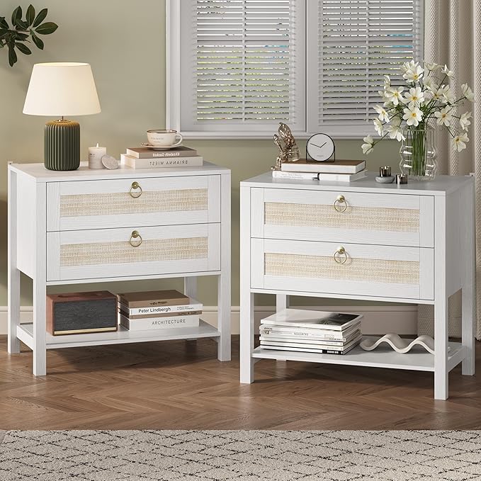 Xixini Nightstand Set of 2, Rattan Boho Bedside Table