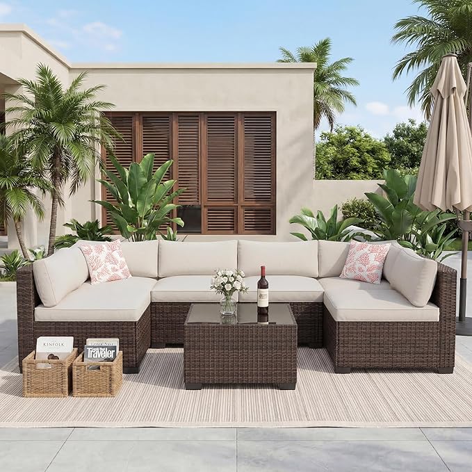 GarveeHome 7-Piece Modular Outdoor Patio Set, Sectional Rattan Wicker Sofa