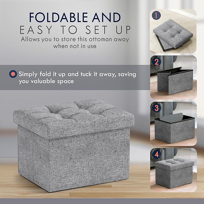 Ornavo Home Small Storage Ottoman Foldable Collapsible Rectangle Linen Ottoman