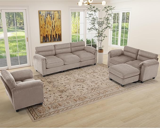 HAOMARKETS Corduroy Sofa Set, Upholstered Ottoman, and 3-Seater Couch