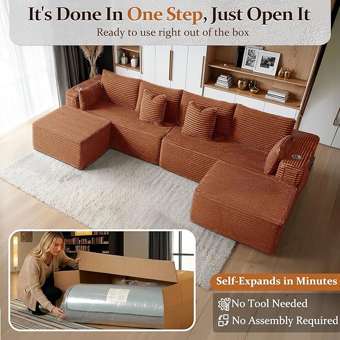 138" Cloud Sectional Couch, Comfort U Shaped Sofa