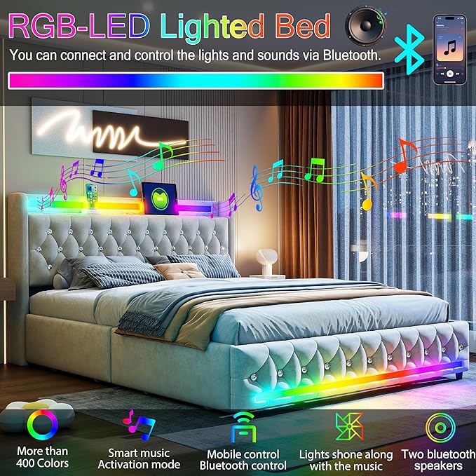 Music Player Bed with Bluetooth Speakers, Queen Size Smart Bed, USB&Type C