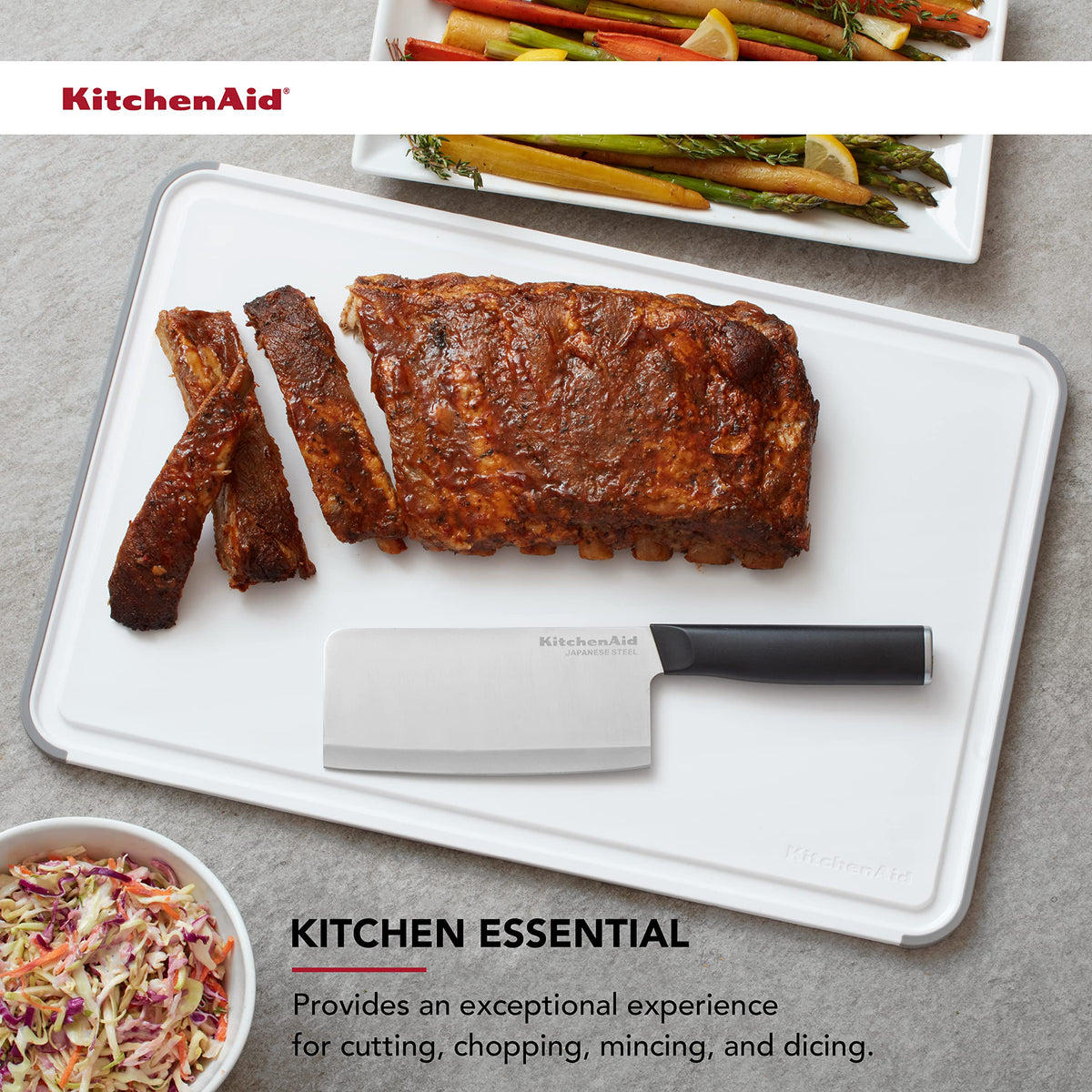 KitchenAid Classic Plastic Cutting Board with Perimeter Trench and Non Slip Edges, Dishwasher Safe, 12 inch x 18 inch, White and Gray