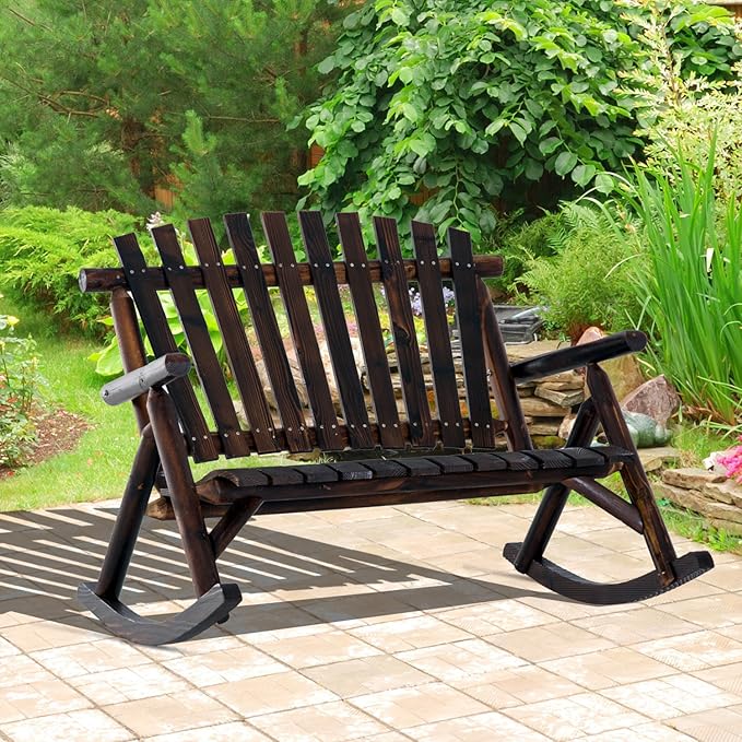 Outsunny Outdoor Wooden Rocking Chair, Double-Person Rustic Adirondack Rocker