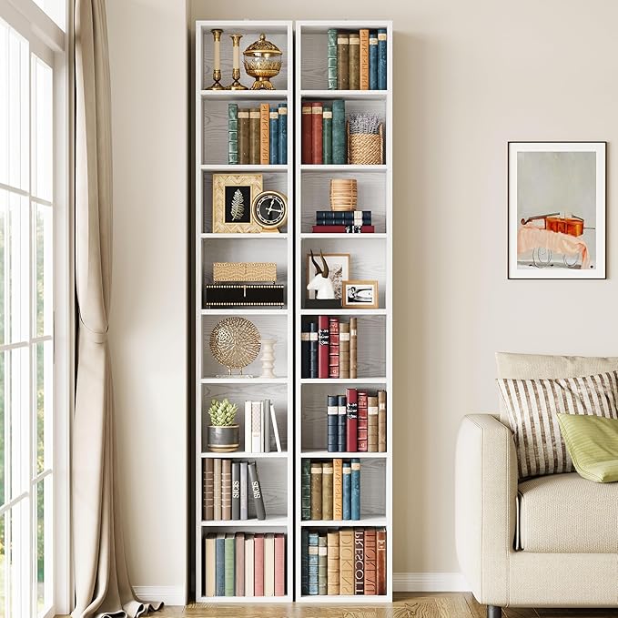 IRONCK Tall Narrow Bookshelf 8 Tiers 71in Set of 2, Compact Corner Bookcase