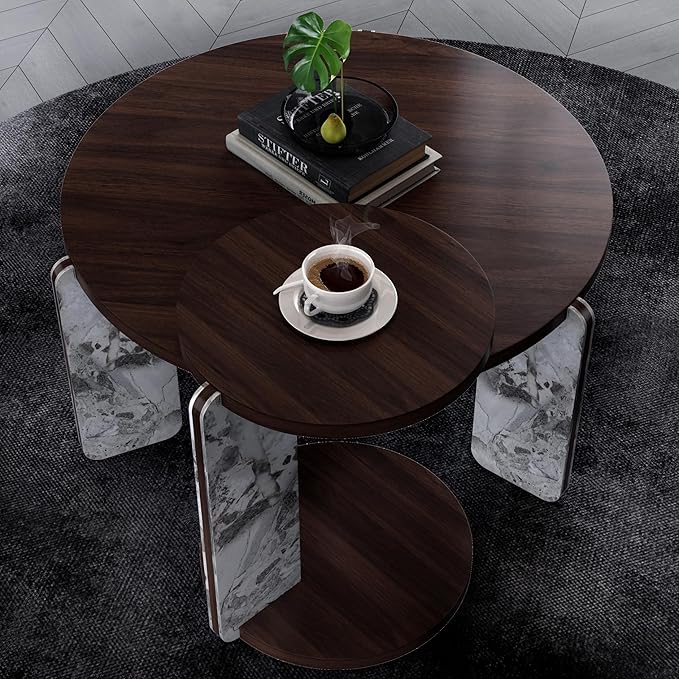 GDFStudio Round Nesting Coffee Table Set of 2, Modern Wooden Accent Side Table