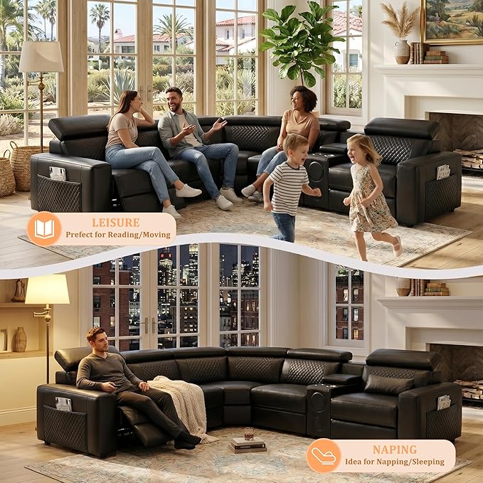 Power Recliner Sectional Sofa, L-Shaped Living Room Furniture Set, Reclining