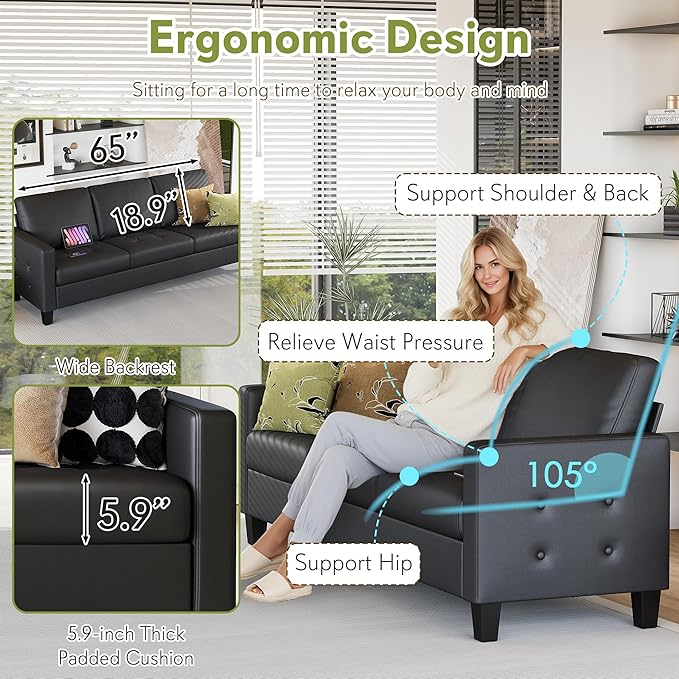 STHOUYN Black Faux Leather 3 Seater Sofa, Loveseat and Accent Chair, Modern