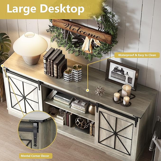 Farmhouse TV Stand for 65/60/55 Inch Tvs, Rustic Entertainment Center