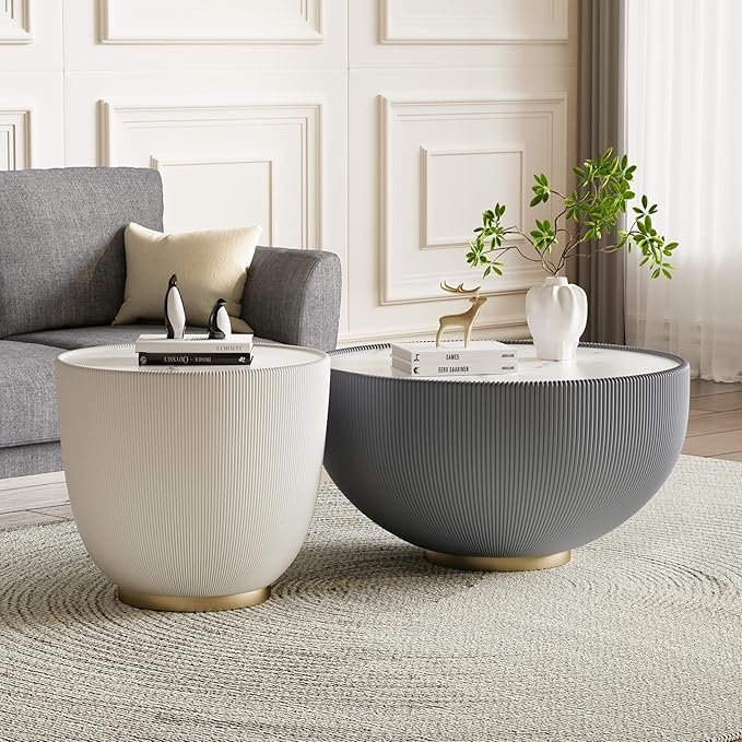 SSLine Bowl-Shape Coffee Table Set of 2 Modern Sintered Stone Top Nesting
