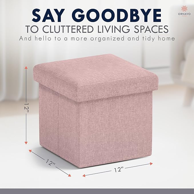 Ornavo Home Small Storage Ottoman Foldable Collapsible Cube Square Linen