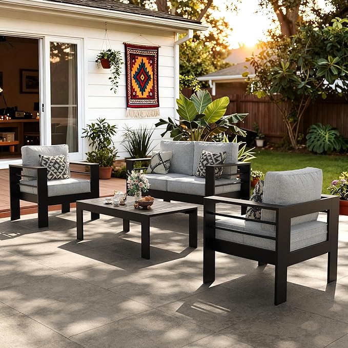 LayinSun Outdoor Aluminum Furniture Set, 4 Pieces Patio Sectional Conversation