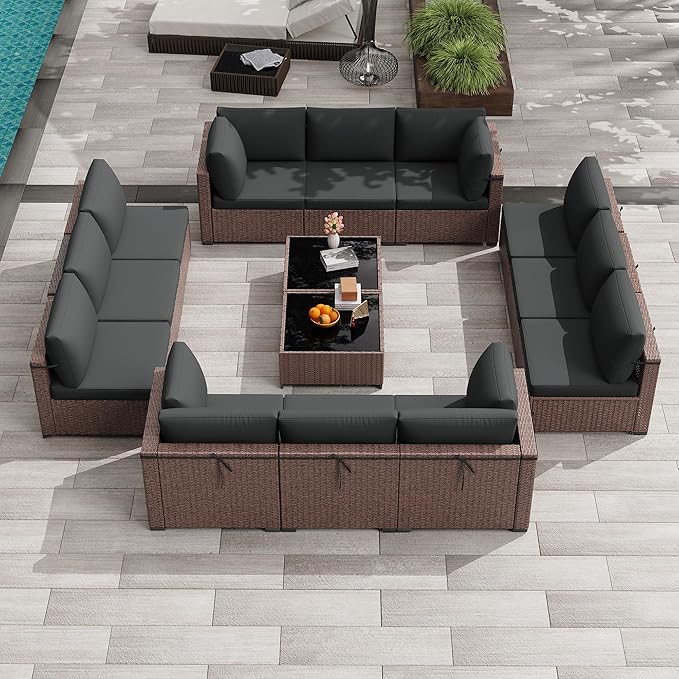 KIGOTY 14-Piece Patio Furniture Set, All-Weather PE Rattan Outdoor Sectional