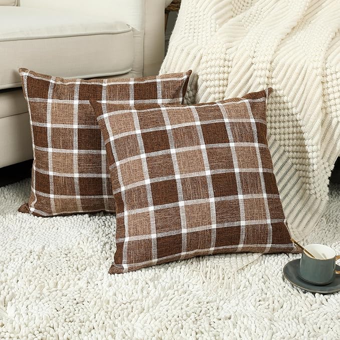 Stellhome Pack of 2 Fall Linen Buffalo Check Decorative Throw Pillow Covers