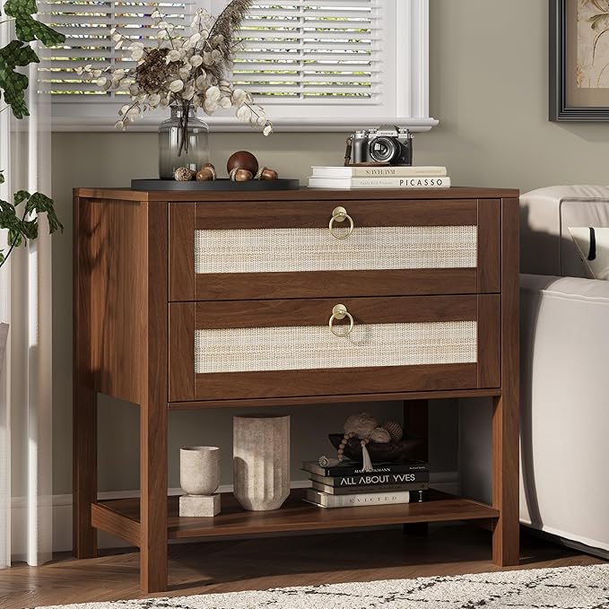 Xixini Nightstand wih 2 Drawers & Open Shelf, Small Mid Century Modern Night