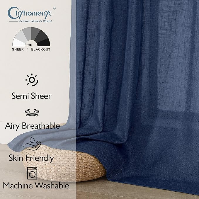 Chyhomenyc Extra Long Navy Blue Semi Sheer Curtains 120 Inches Long 2 Panels Set