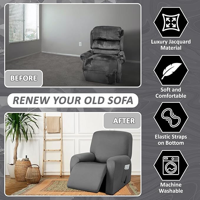 ULTICOR 4-Piece, 1 Seat Recliner Cover, Yarn Dyed Reclining Chair Covers