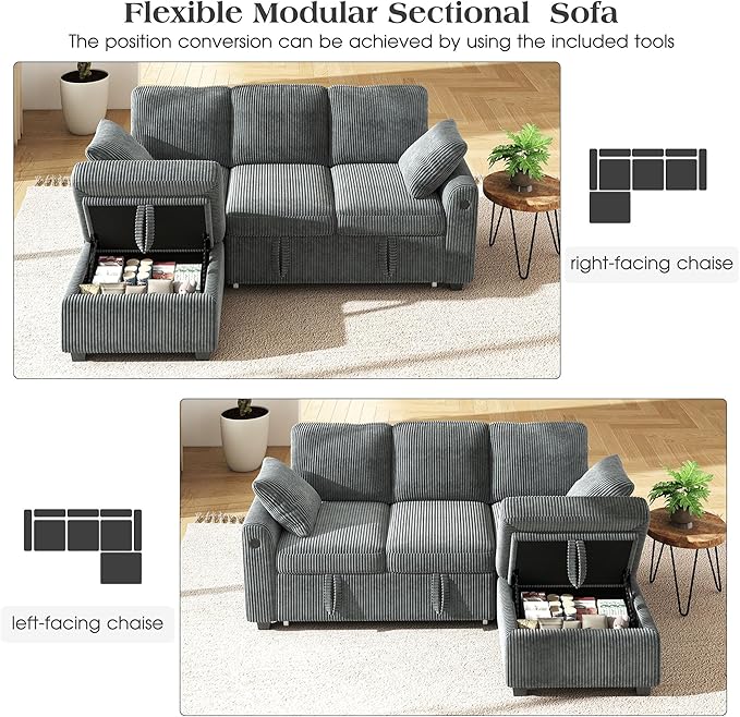 Ihanherry 81-inch Corduroy Modular Sectional Sofa Bed