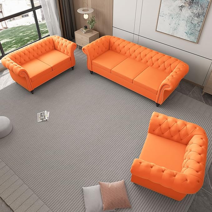 ORRD 3 Piece Living Room Set, Velvet Chesterfield Sofa Loveseat Couch Chair