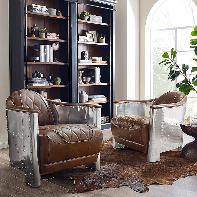 Art Leon Genuine Leather Accent Chair, Mid Century Industrial Armchair