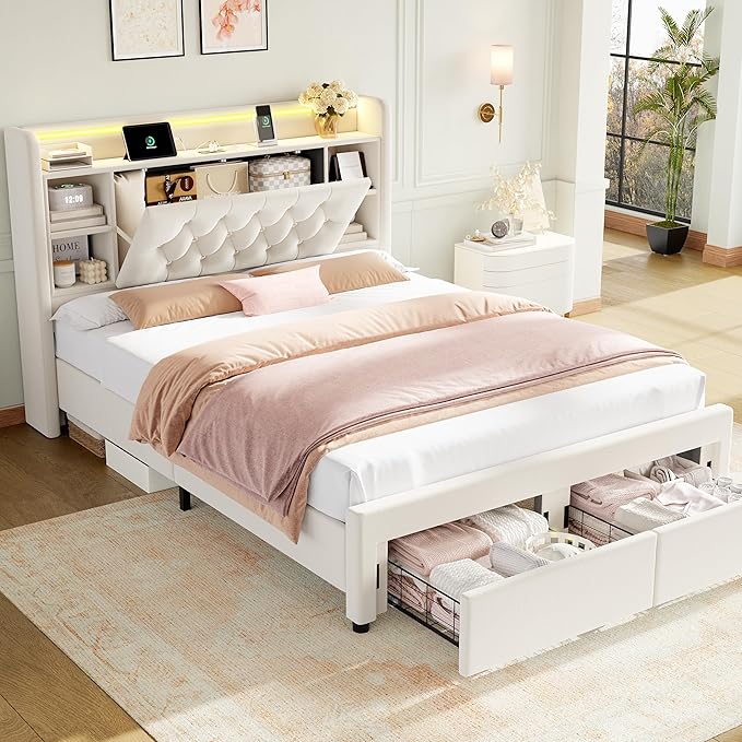 Full Bed Frame with Drawers, Hidden-Cubby & Shelves Storage Headboard with