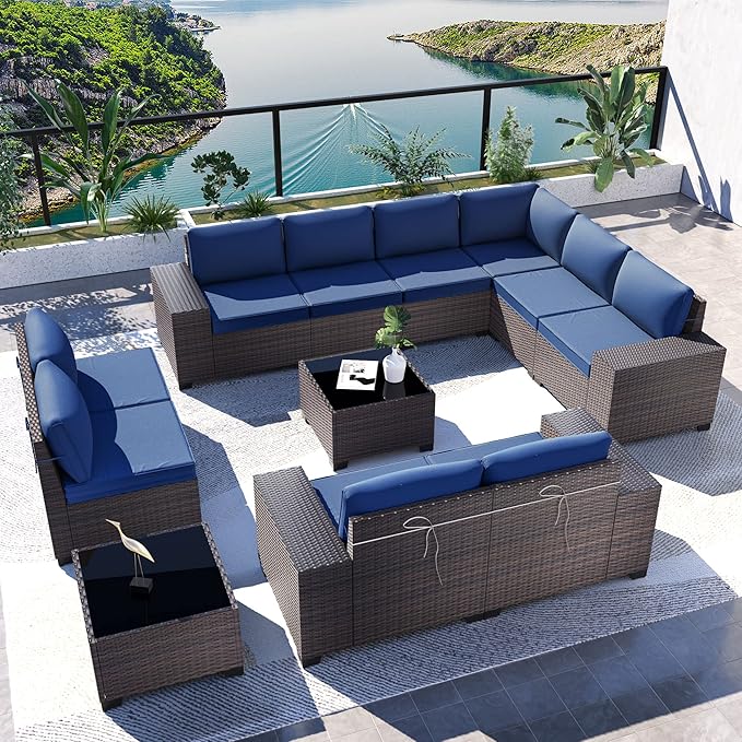 Kullavik Outdoor Patio Furniture Set, 12 Pieces Sectional Rattan Sofa Set Brown