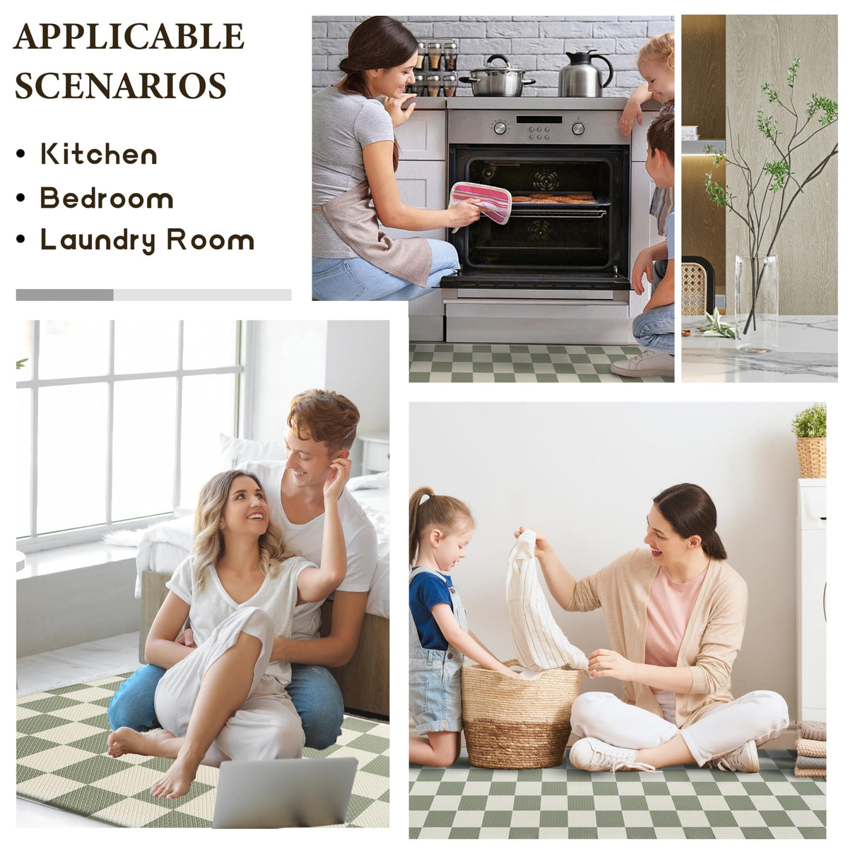 VivaNest Beige Sage Checkered Grid Checkerboard Kitchen Rug Sets [2 PCs], Anti-Fatigue, Waterproof Non-Slip Kitchen Mats Heavy Duty Comfort Foam Rug for Kitchen, Floor, Laundry,17"x29"+17"x47"