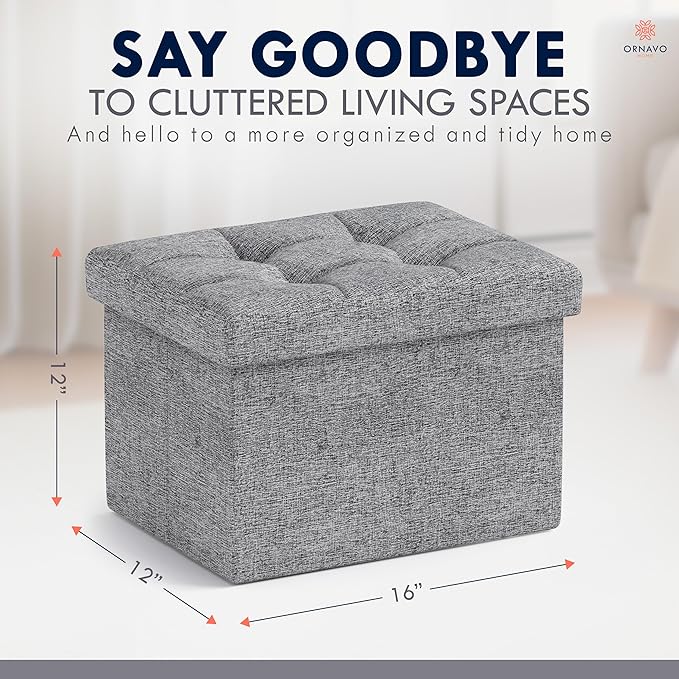 Ornavo Home Small Storage Ottoman Foldable Collapsible Rectangle Linen Ottoman