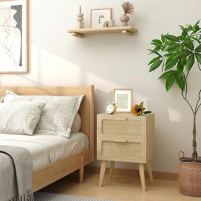 YAUKOMEL Rattan Nightstand, Wood End Table, Side Table