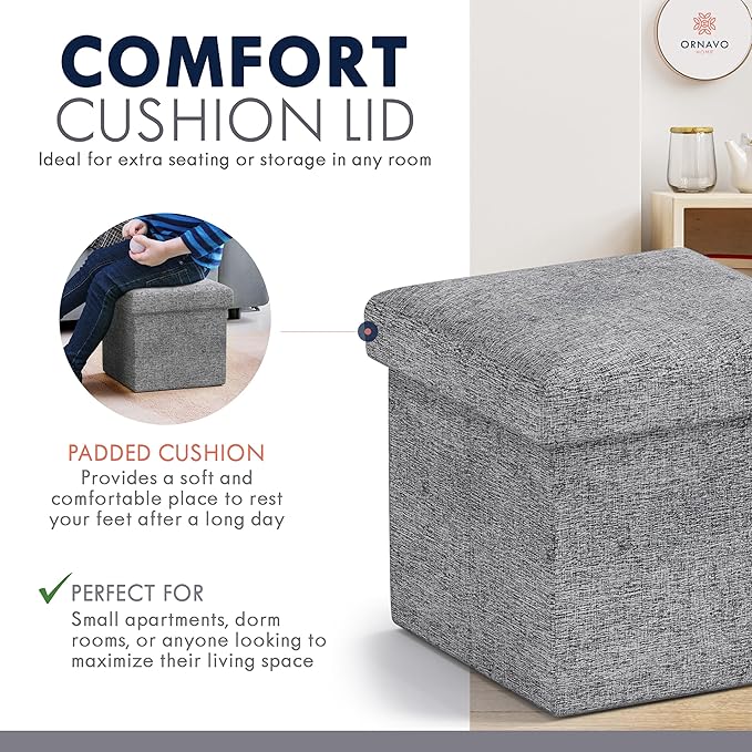 Ornavo Home Small Storage Ottoman Foldable Collapsible Cube Square Linen