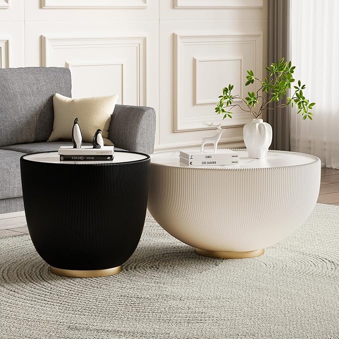 SSLine Bowl-Shape Coffee Table Set of 2 Modern Sintered Stone Top Nesting