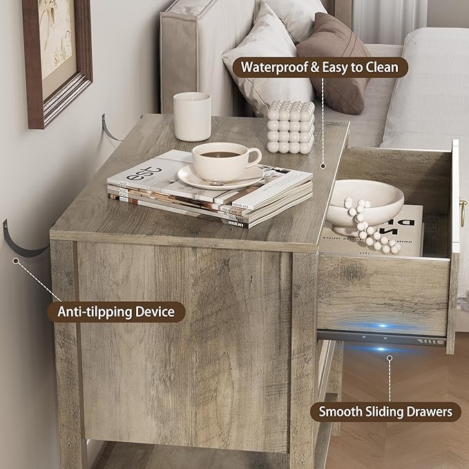Xixini Nightstand wih 2 Drawers & Open Shelf, Small Mid Century Modern Night