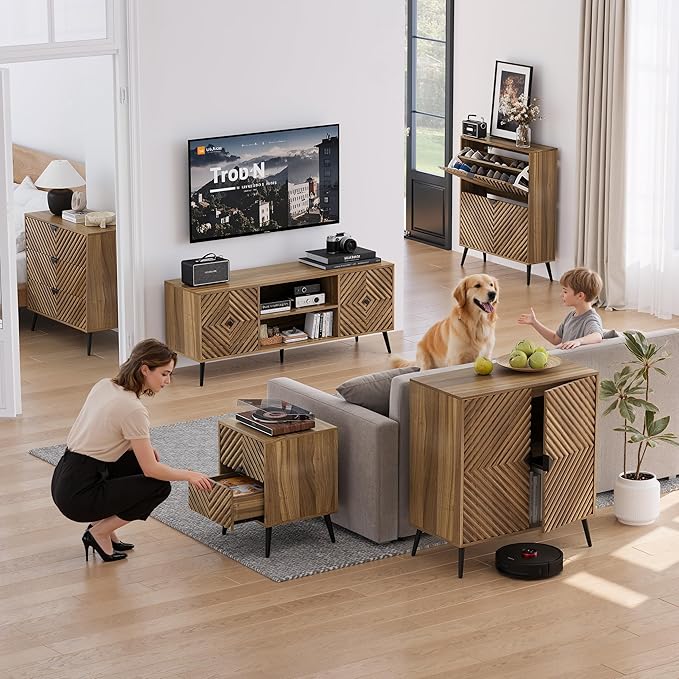 Smuxee Walnut TV Stand with Fluted Diamond Doors, 55.12" Mid Century Modern TV
