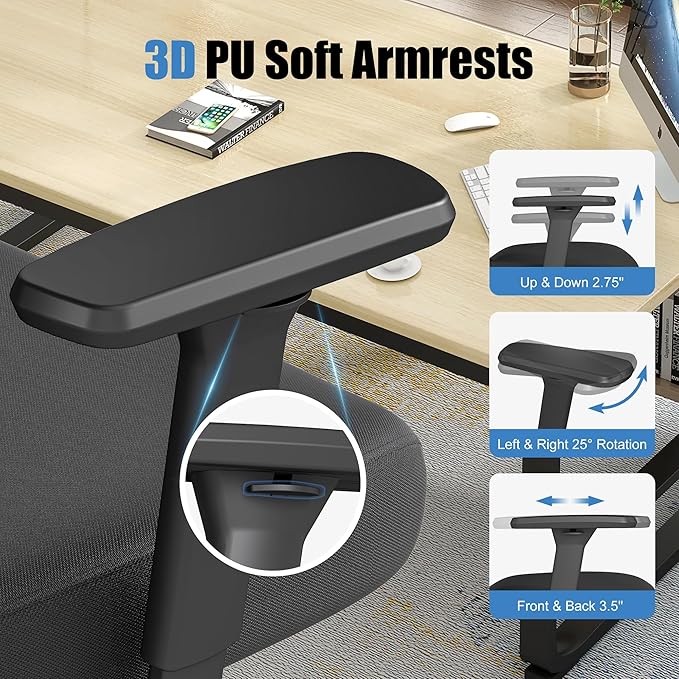 Ergonomic Office Chair with Adjustable Lumbar Support, 3D Arms and Headrest