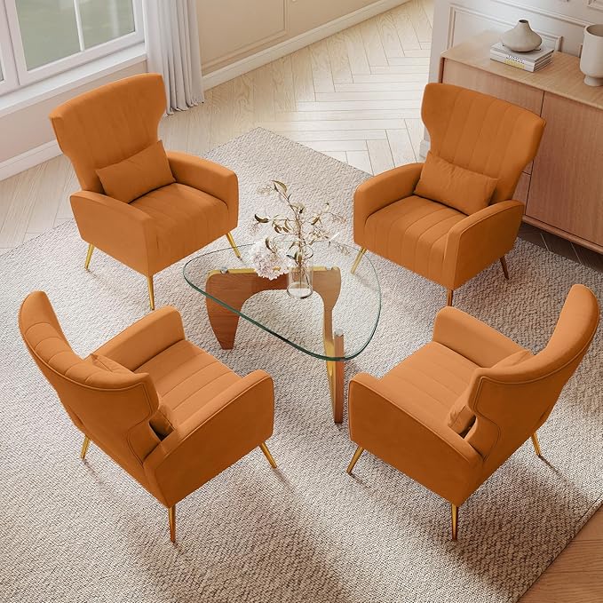 Nebuaegis Orange Velvet Accent Chair Set of 4, Wingback Chair