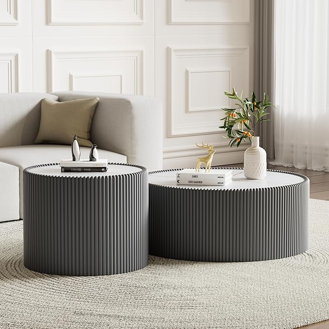 SSLine Round Drum Coffee Table Set of 2 Modern Sintered Stone Top Nesting