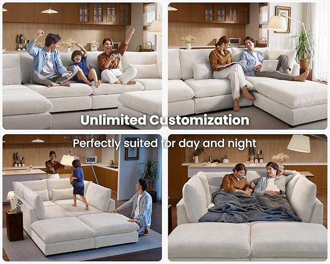 115" Oversized Chenille Couch Modular Sectional Sofa, Washable Cloud Couch