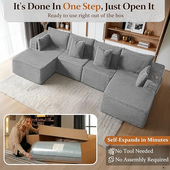 138" Cloud Sectional Couch, Comfort U Shaped Sofa