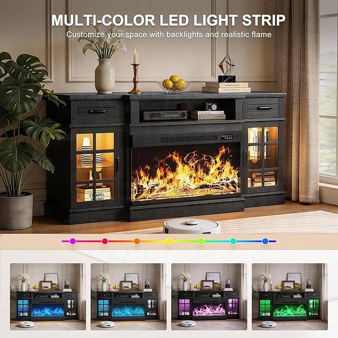 MXV 70" Fireplace TV Stand, 3-Sided Glass Fireplace and Modern Entertainment