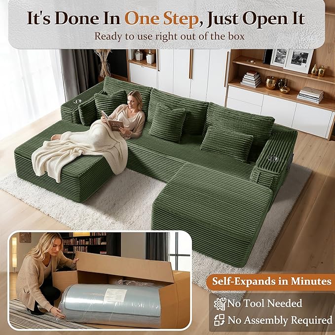 Oversized 108" Cloud Sectional Couch, Comfort U Shaped Boneless Couch