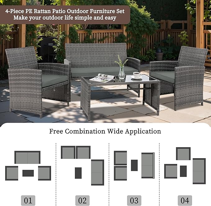 4 Piece Patio Ratten Set Outdoor Furniture Set Wicker Conversation Set