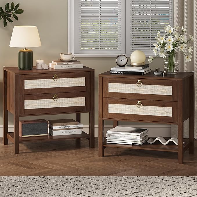 Xixini Nightstand Set of 2, Rattan Boho Bedside Table