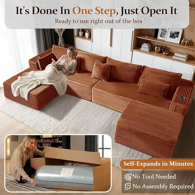138" Cloud Sectional Couch, Comfort U Shaped Boneless Couch