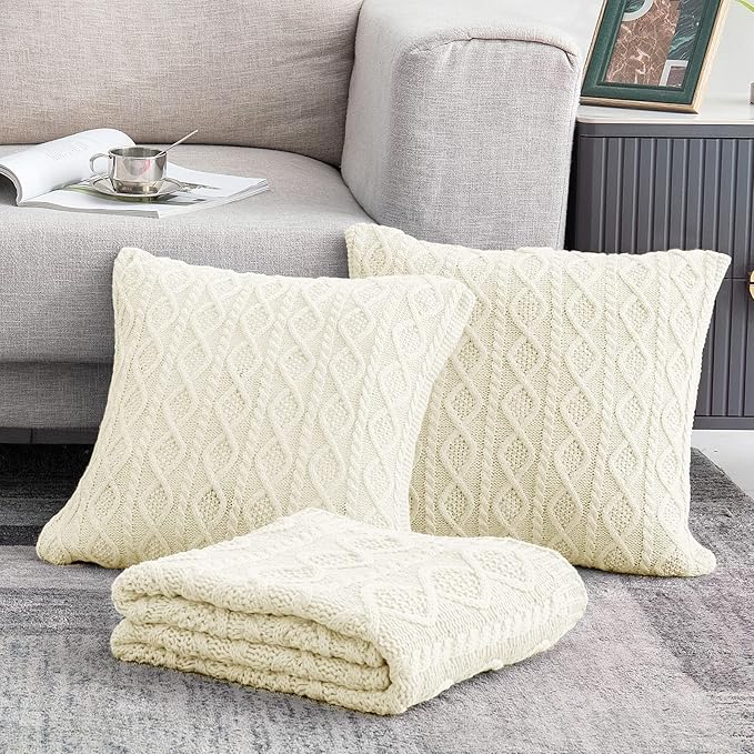 Homiest Cable Knit Throw Blanket & Pillow Set, Cream White Set of 3, Knitted