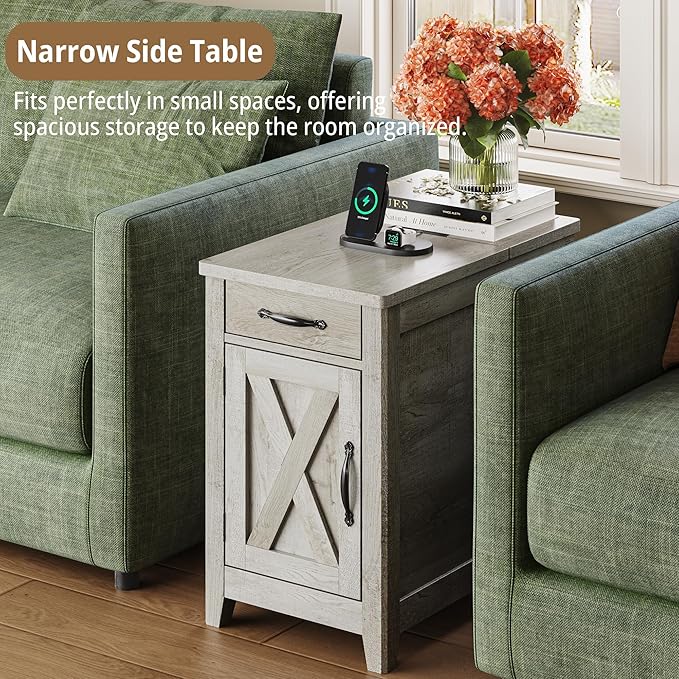 IRONCK End Table with Charging Station, Narrow Side Table